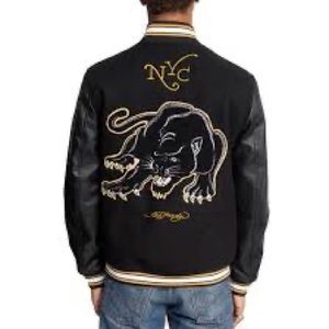 ED HARDY LOVE KILLS SLOWLY BLACK EMBROIDERED PANTHER VARSITY BOMBER JACKET SIZ M